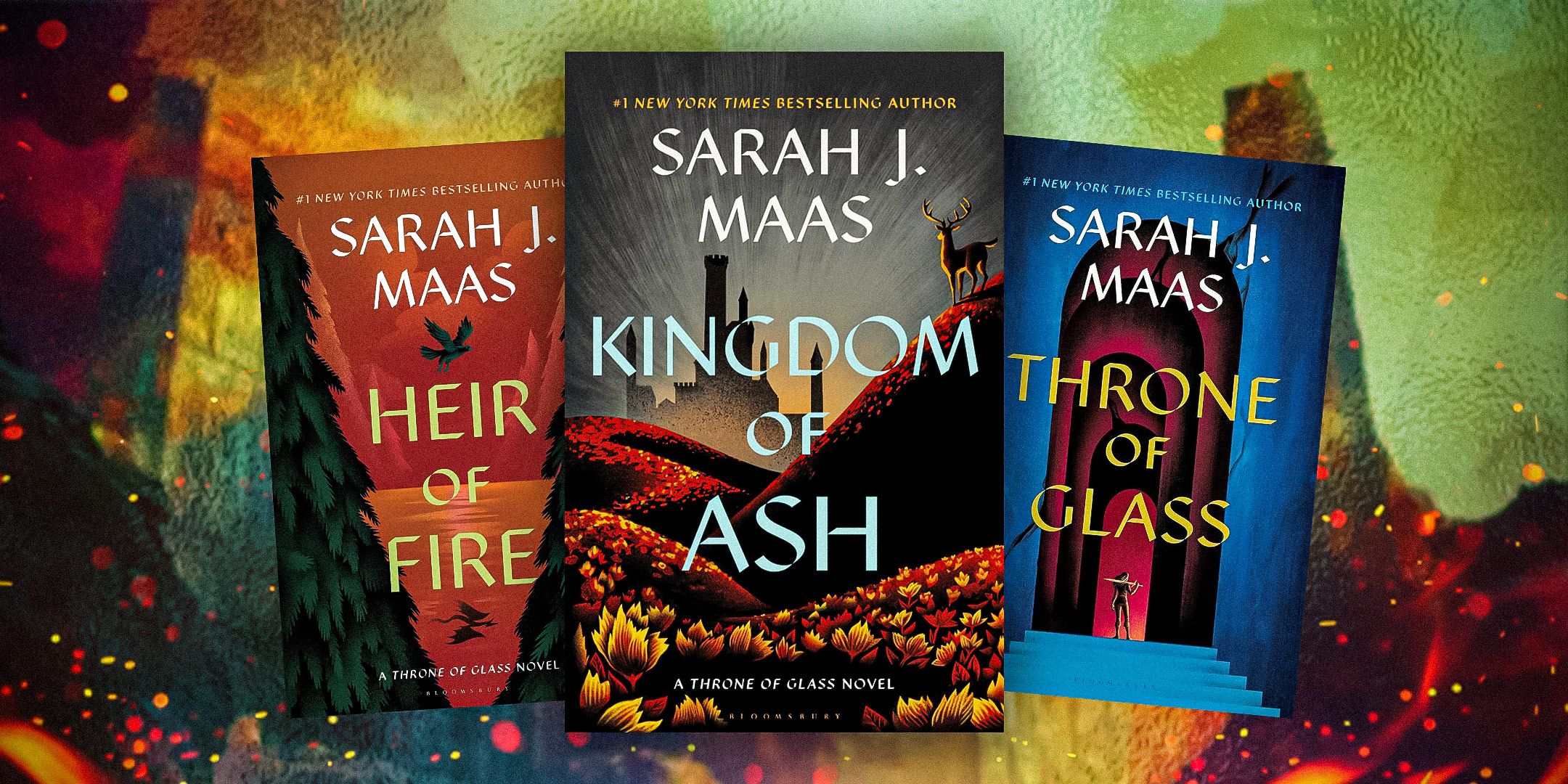 The covers of Heir of Fire, Kingdom of Ash, and Throne of Glass by Sarah J. Maas