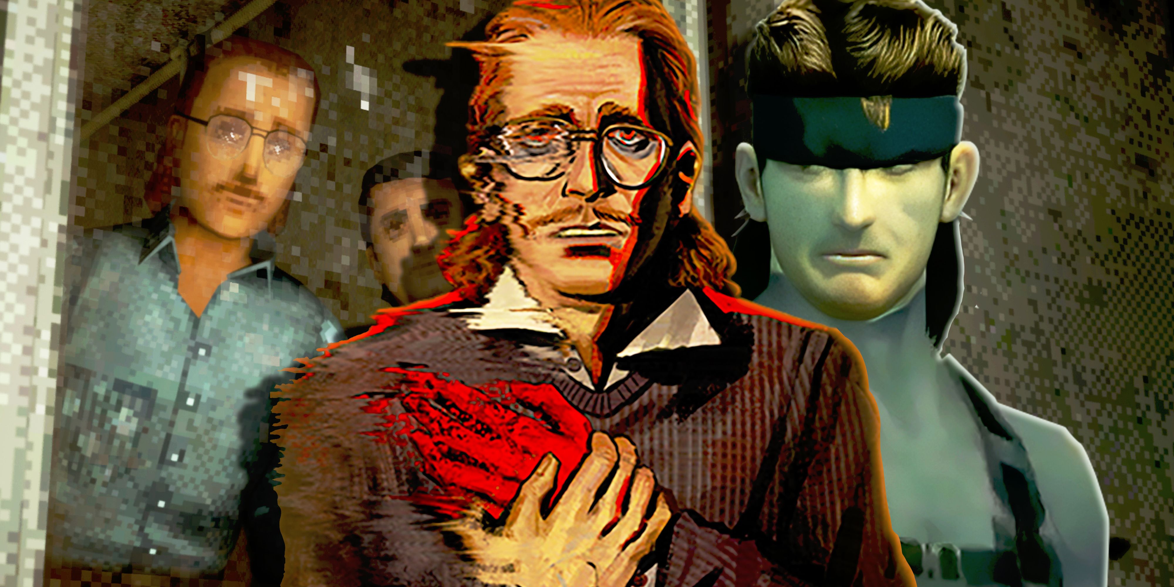 Split image with a screenshot from Funeralopolis: Last Days on the left, its key art in the ccenter, and Solid Snake on the right