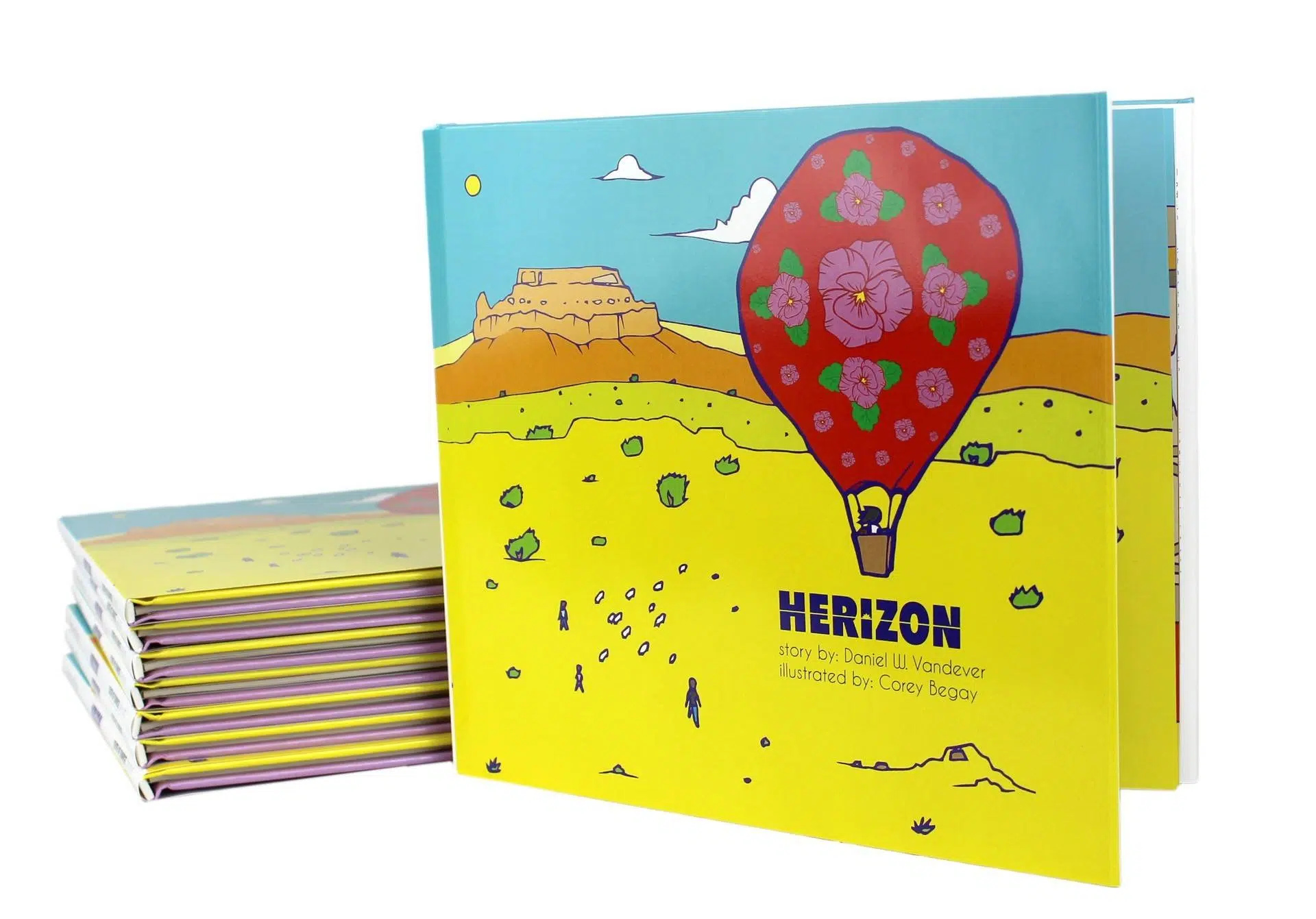 A cartoon-style book cover for a book called Herizon. There’s a hot air balloon with flowers on.