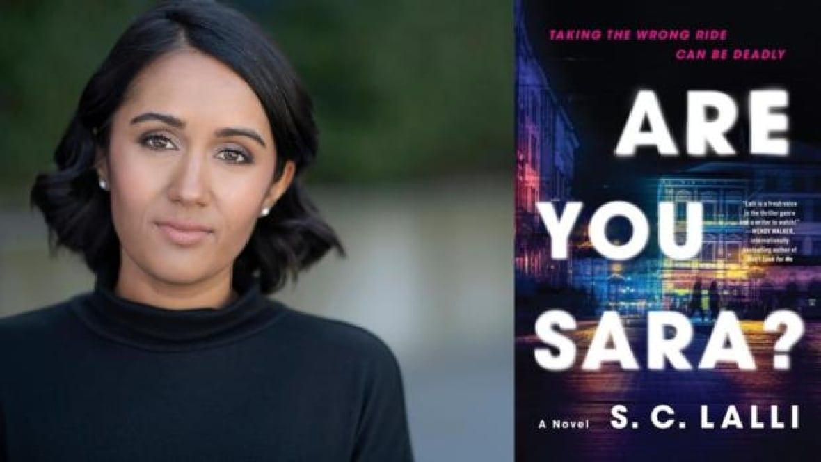 The book's author, a woman with dark hair wearing a black turtleneck sweater and a book cover with the title written in front of a nighttime city background.