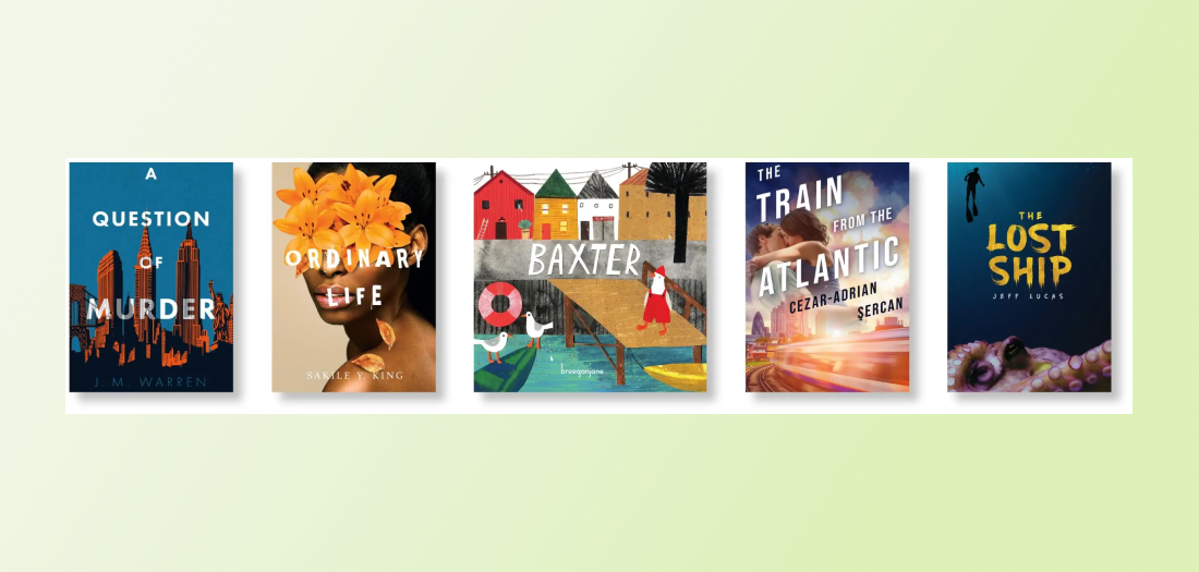Five colorful book covers of varying sizes, side by side in a row.