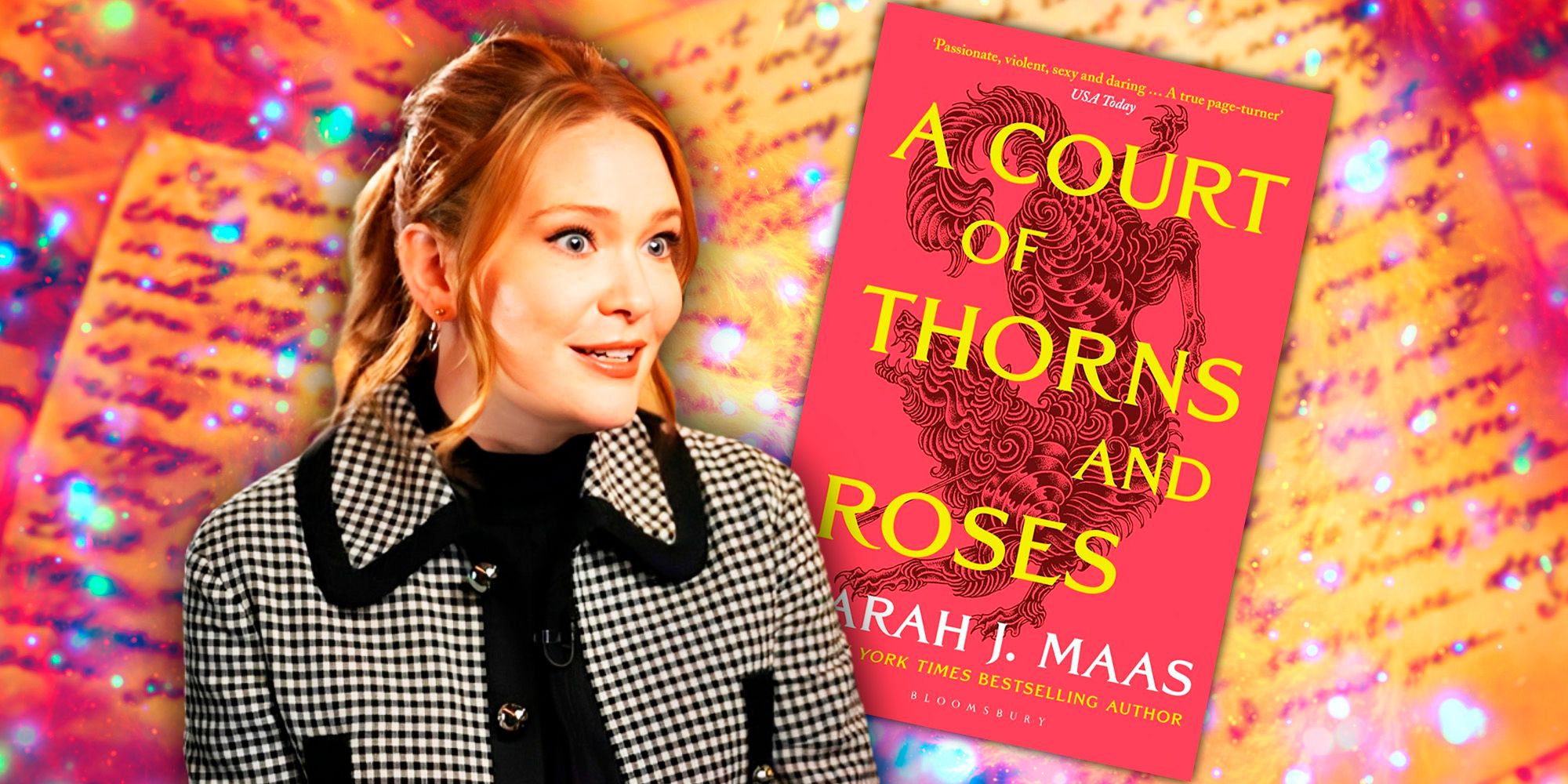 Sarah J. Maas smiling in a black and white blazer and the cover of A Court of Thorns and Roses with pages as the background