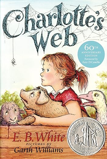 Cover of Charlotte's Web by E.B. White, showing a young girl holding a pig surrounded by a sheep and a goose, with a spiderweb in the background.