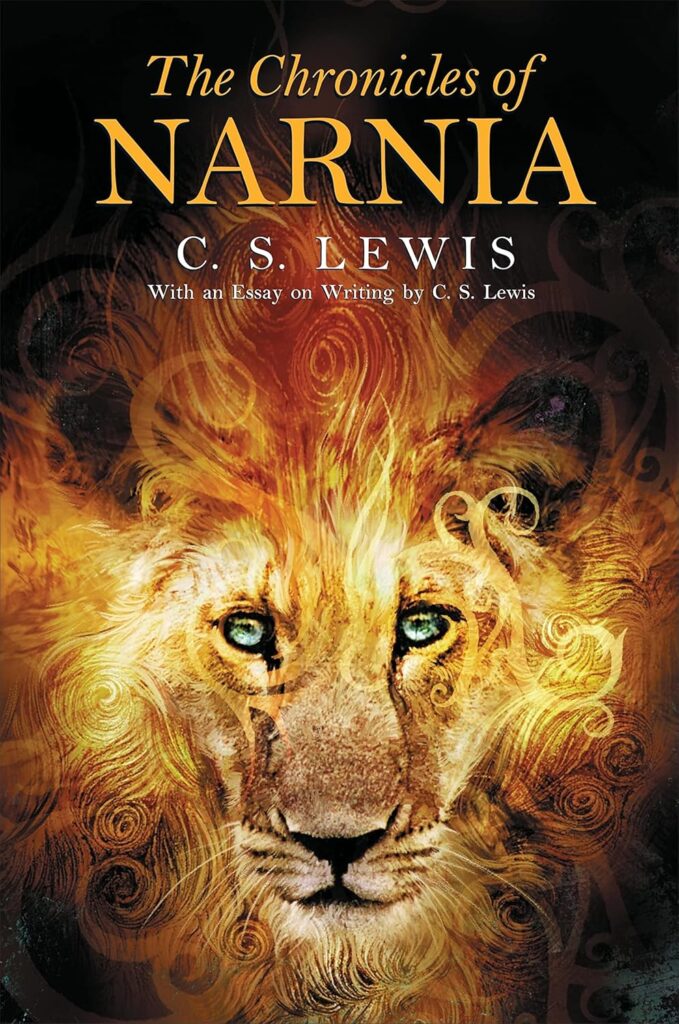 Cover of The Chronicles of Narnia by C.S. Lewis, showing an intricately detailed image of a lion’s face with swirling golden flames and a mystical, glowing effect.