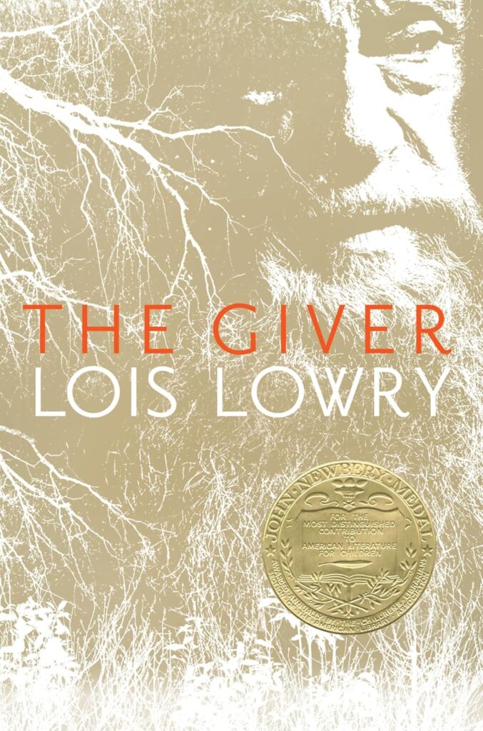 Cover of The Giver by Lois Lowry, featuring a minimalist design with a golden, textured tree and an embossed Newbery Medal, evoking a sense of mystery and depth.