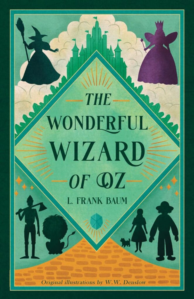 Cover of The Wonderful Wizard of Oz by L. Frank Baum, with silhouettes of the main characters and iconic imagery like the Emerald City, framed in an art deco style with vibrant green and yellow tones.