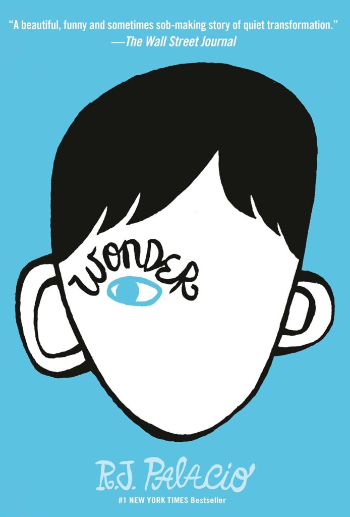 Cover of Wonder by R.J. Palacio, depicting a stylized drawing of a boy’s face with one blue eye and the title “Wonder” written across the illustration, set against a bright blue background.
