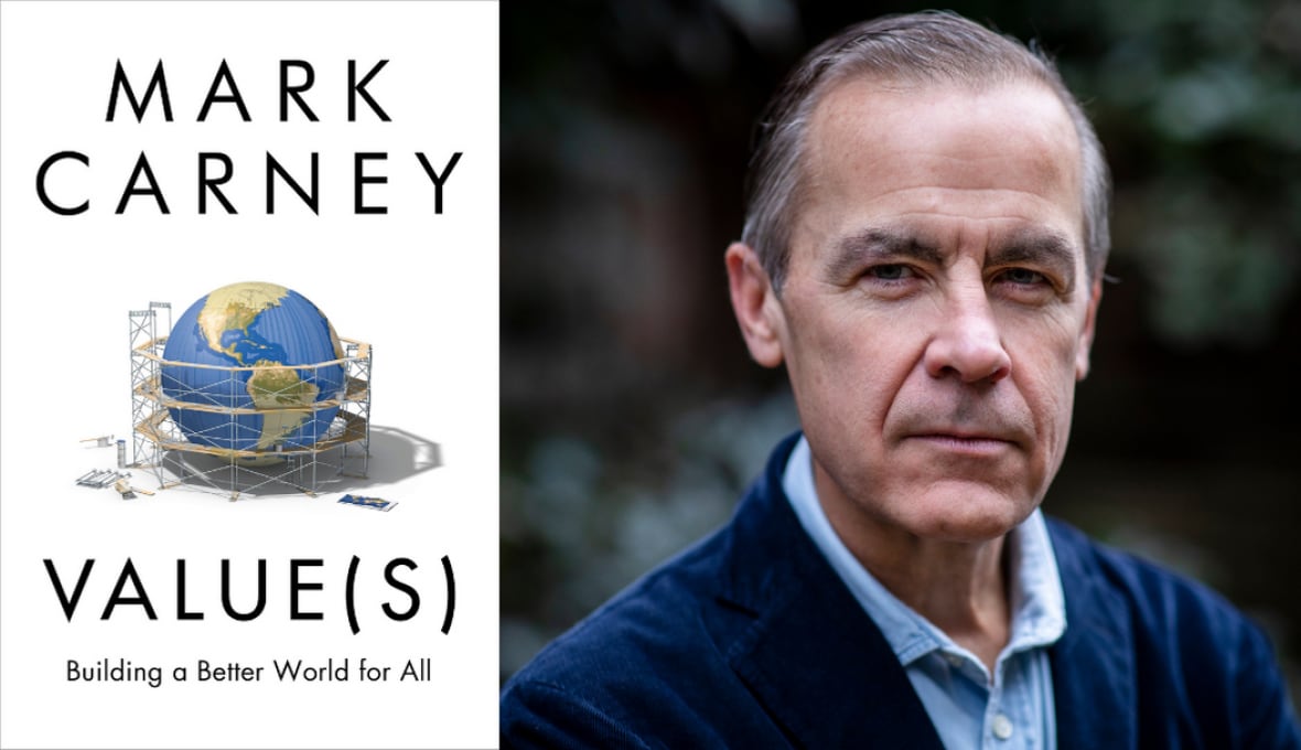 A book cover of scaffolding around the globe. A headshot of Mark Carney.