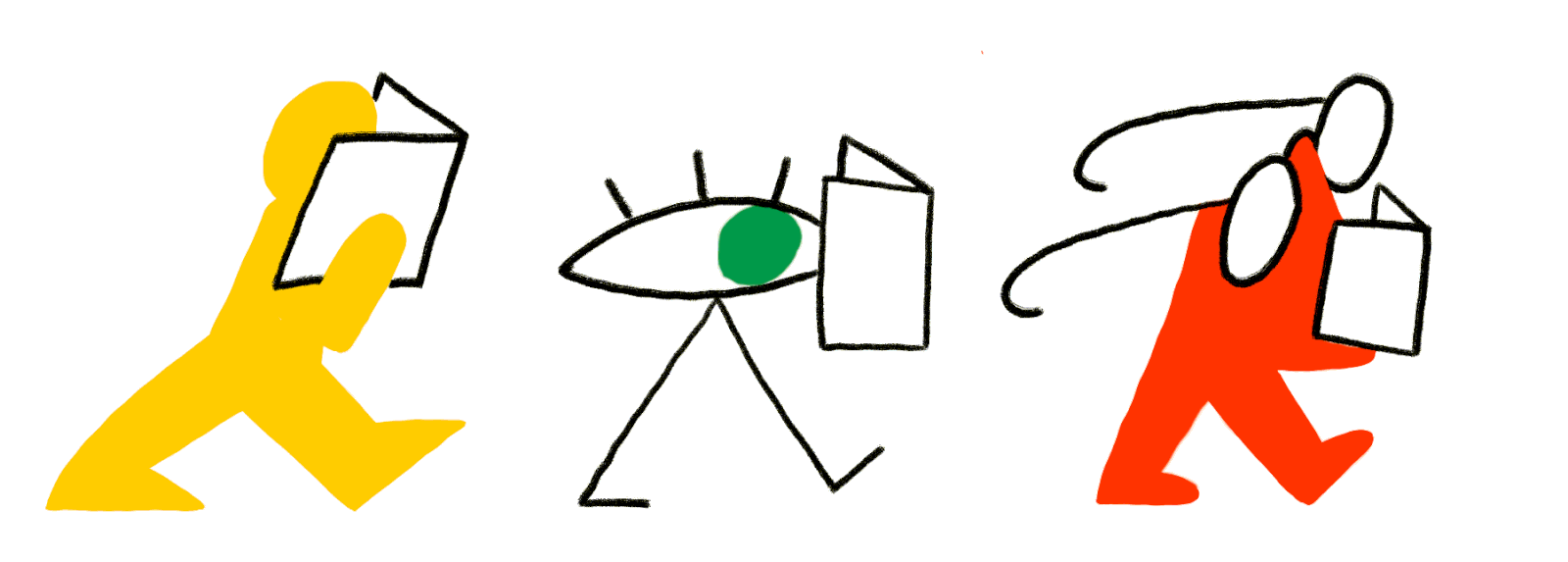 Three figures reading while walking