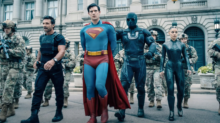Frank Grillo, David Corenswet, and Maria Gabriela in Superman (2025)