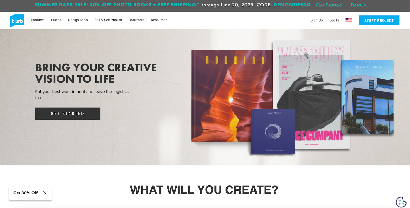 Blurb’s homepage features different types of publications.