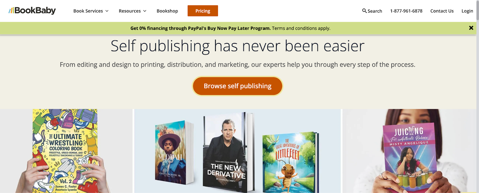 BookBaby homepage featuring some of their self-published titles.