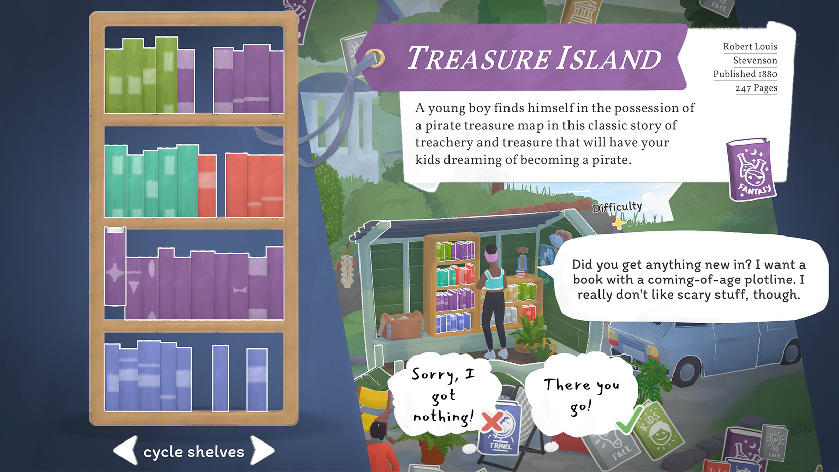 The recommendation gameplay in Tiny Bookshop.