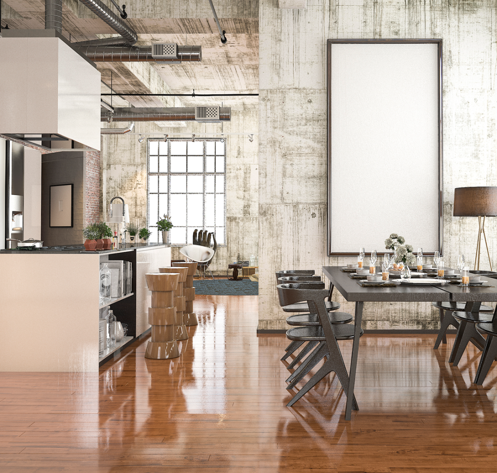 A spacious modern kitchen and dining area features industrial décor, wood floors, and elegant table settings.