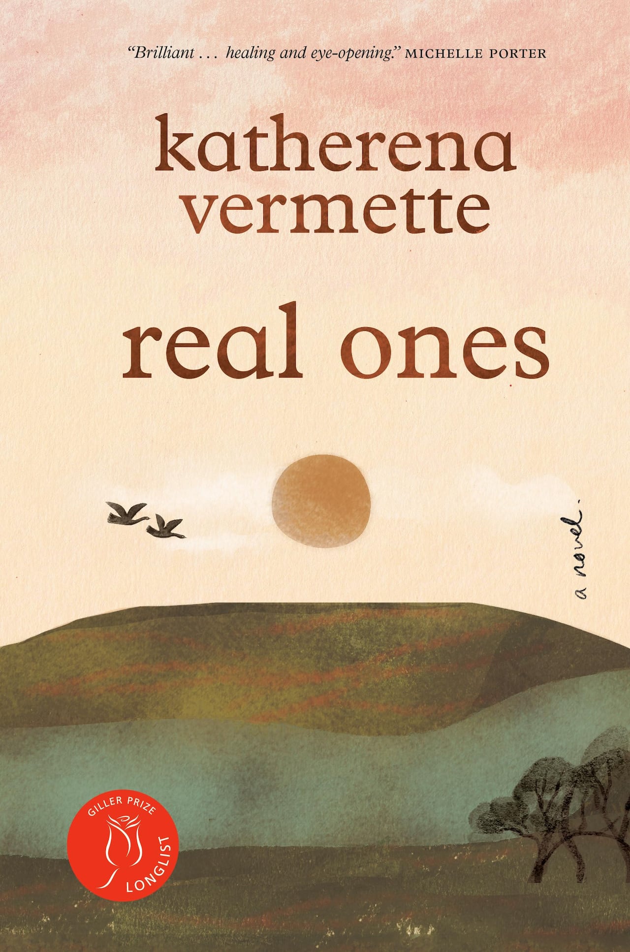 A book cover of a river, a mountain and the sun in the pink sky.