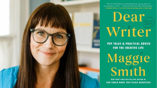 A headshot of a woman in a blue dress shirt with straight brown hair and large glasses and a book cover