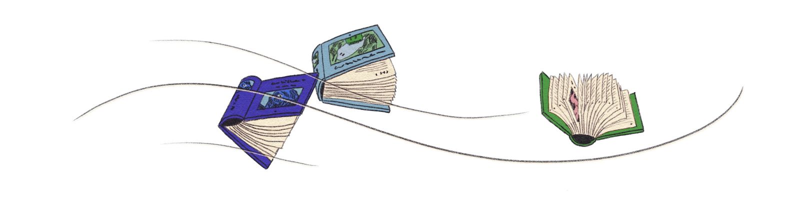 Three books floating in the wind.