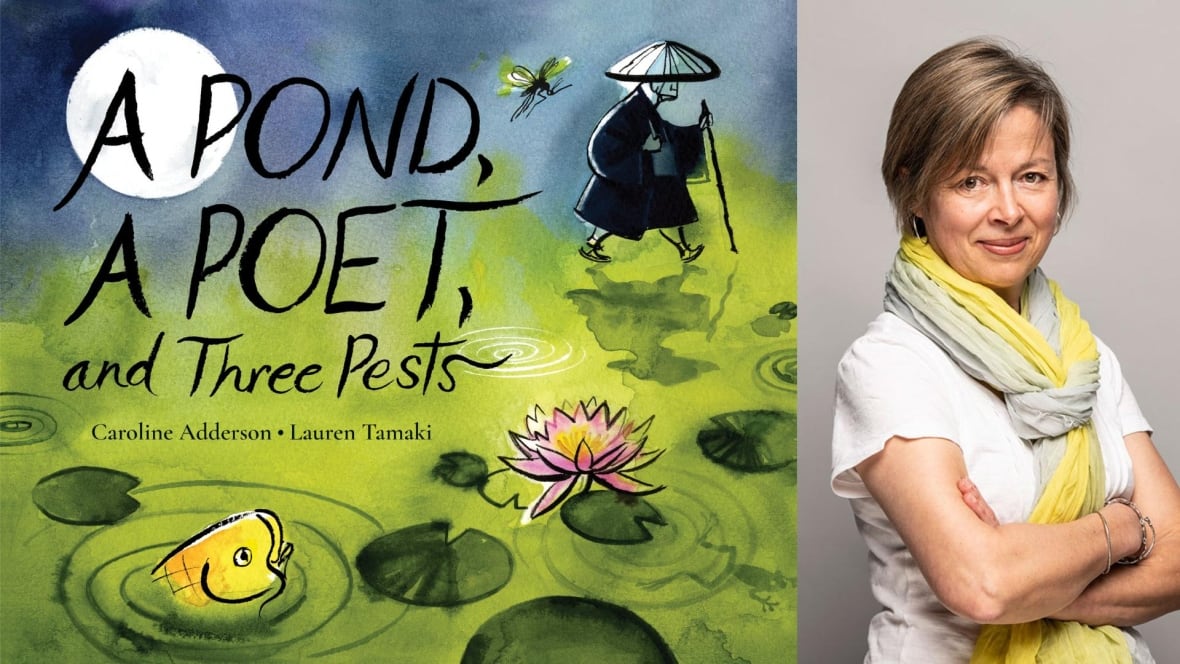 A book cover featuring an illustration of a man walking with a cane near a pond with a carp, a lily and a mosquito. The author a white woman with short blonde hair and a scarf looks into the camera