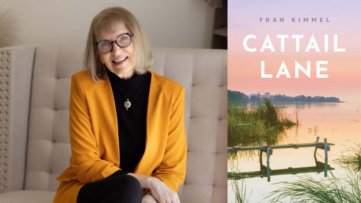 A woman sitting on a beige sofa and wearing a bright yellow jacket over a black turtleneck sweater and the book cover featuring an old dock over a body of water