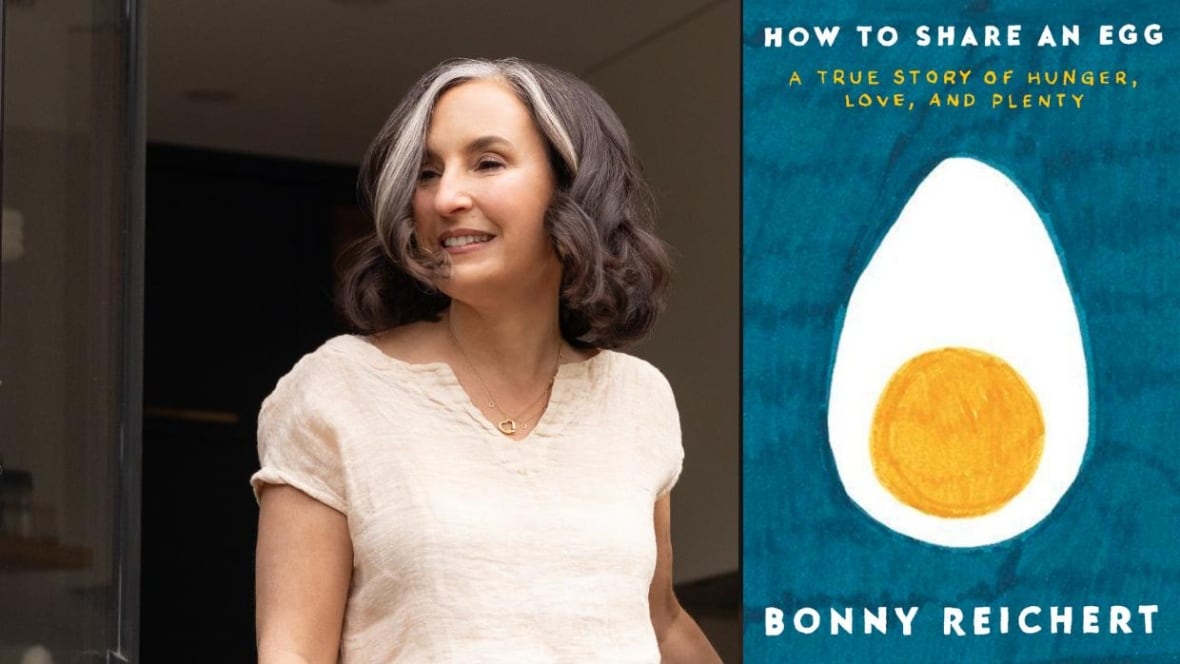 A white woman with brown-grey hair looking to the left. A book cover of half a hard boiled egg against a blue background.