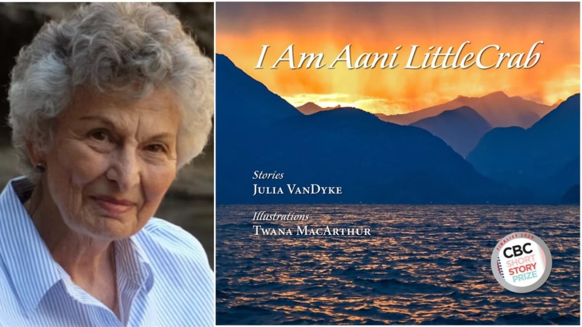Portrait of an older woman with short curly white hair and the book cover featuring an illustration of the sun setting behind mountains and a body of water