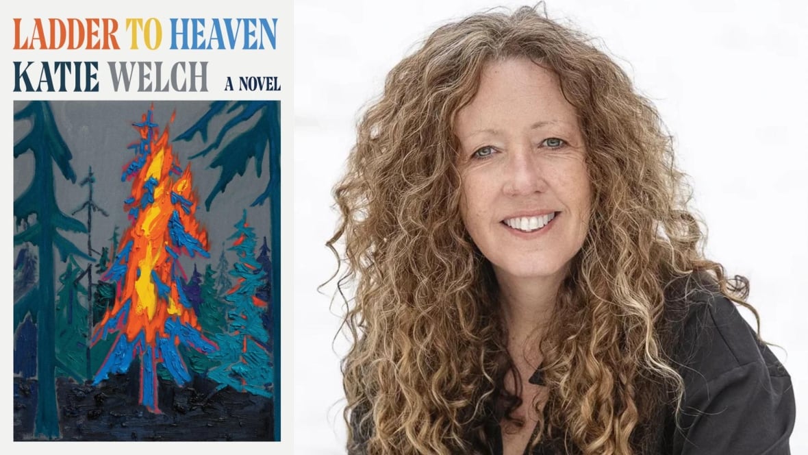 A book cover featuring a tree on fire and the author a A woman with long curly blonde hair wearing a black top