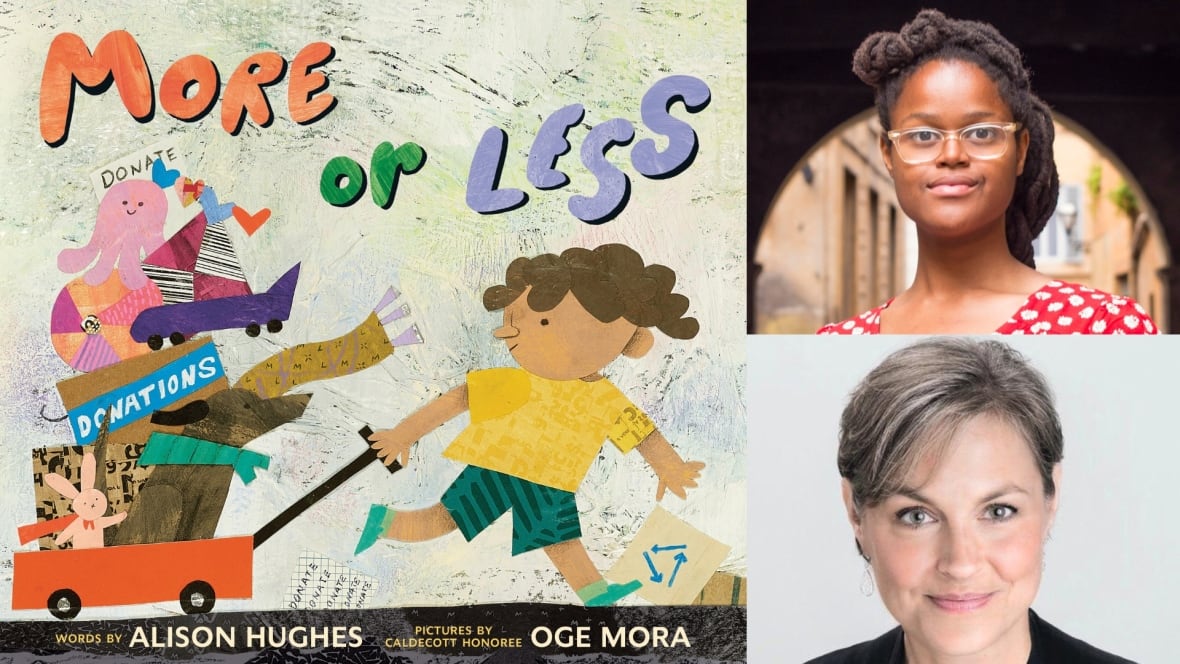 Book cover of the picture book More or Less, showing a child pulling a wagon full of toys for donations. The book's creators are also featured.