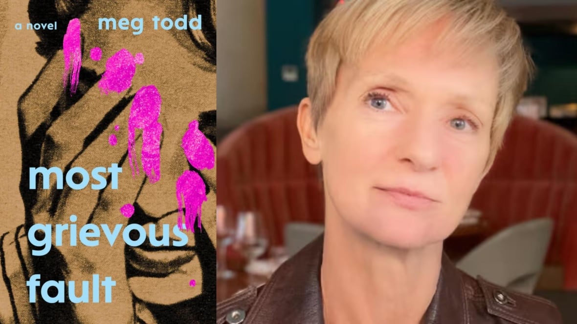 The book cover with an illustration of a woman covering her face with her hand painted with pink nail polish and a close up portrait of the author, a woman with short blonde hair