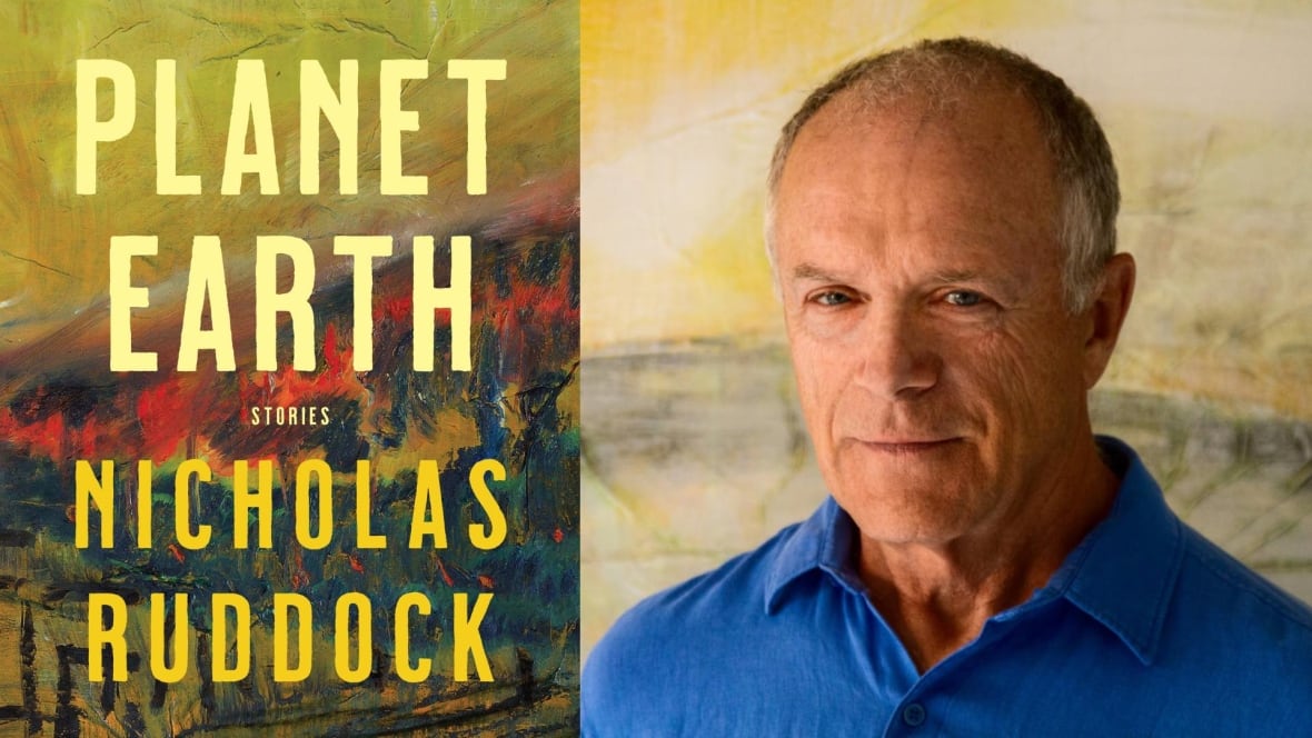 The book cover with a paining of a forest on fire and the author photo: a portrait of a man with very short grey hair and wearing a blue polo shirt