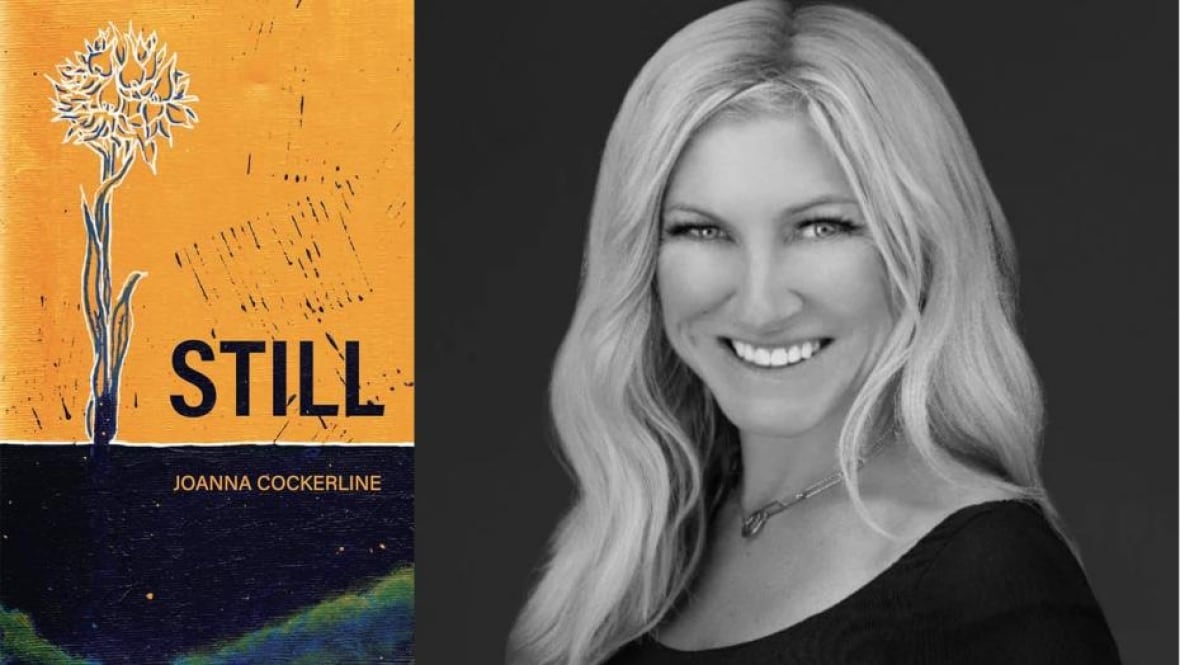 A yellow book cover with a dandelion on it, next to a black and white headshot of a woman with long blond hair.