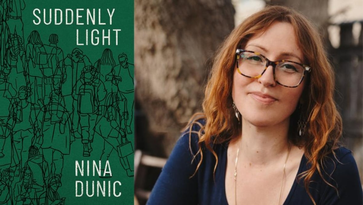 A green book cover of cartoon people A headshot of a woman with orange hair and glasses.