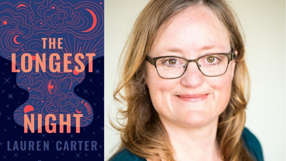 The book cover featuring an illustration of a night sky in blue and coral colours and the author, a smiling woman with light brown hair and glasses