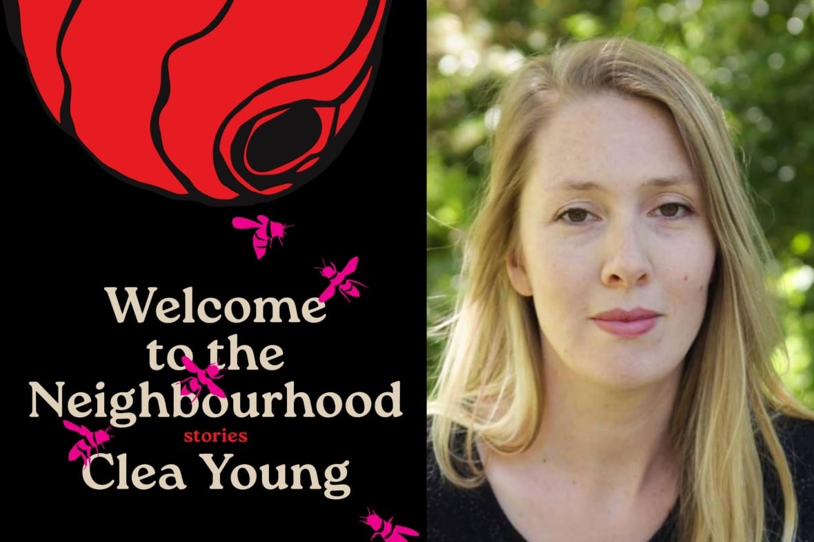 A composite image of a book cover that has a large red wasp's nest at the top on a black background with small pink wasps scattered around the text, and headshot of a woman with long blonde hair.