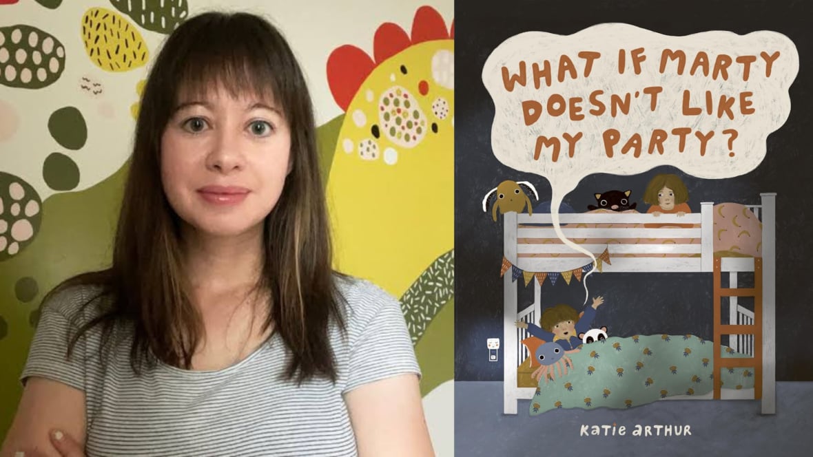 A composite image of a portrait of a woman with dark hair smiling into the camera beside an illustrated book cover featuring two young children on a bunk bed.