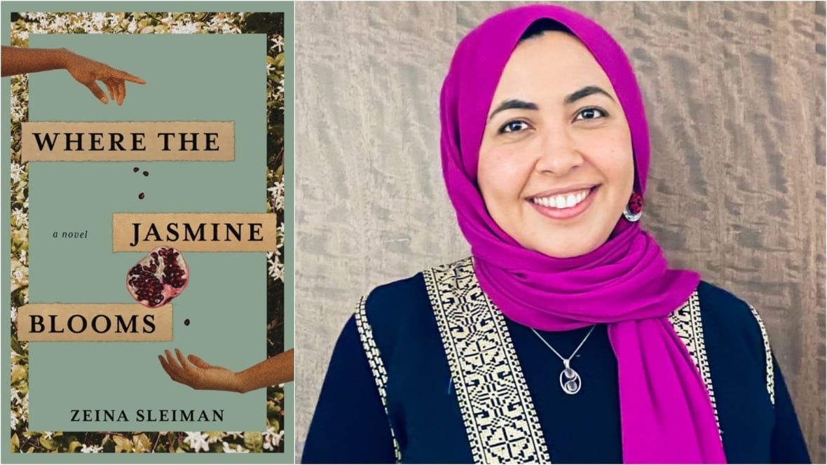 A book cover that shows a collage with flowers, two hands and a pomegranate.