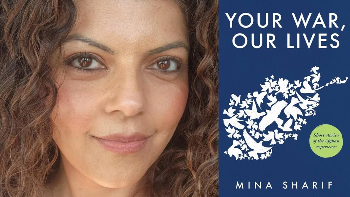 A close-up portrait of a woman with curly brown hair who is softly smiling at the camera and the book cover in blue with illustrations of white doves flying